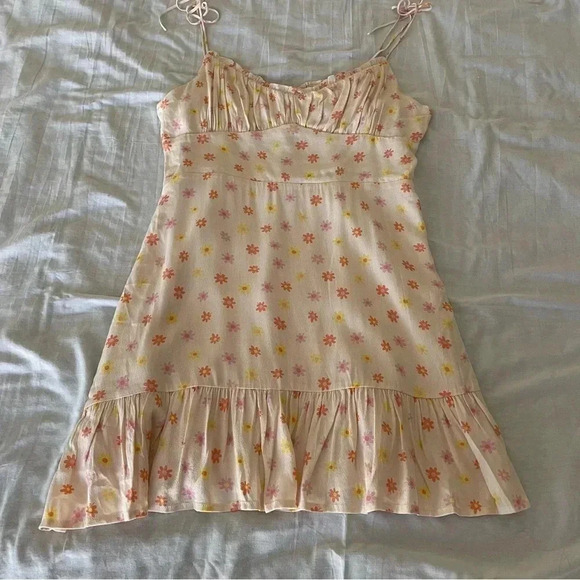 Elodie Floral Mini Dress M 90’s Y2K Spaghetti Tie Straps Peach Color Girlcore - Picture 4 of 11
